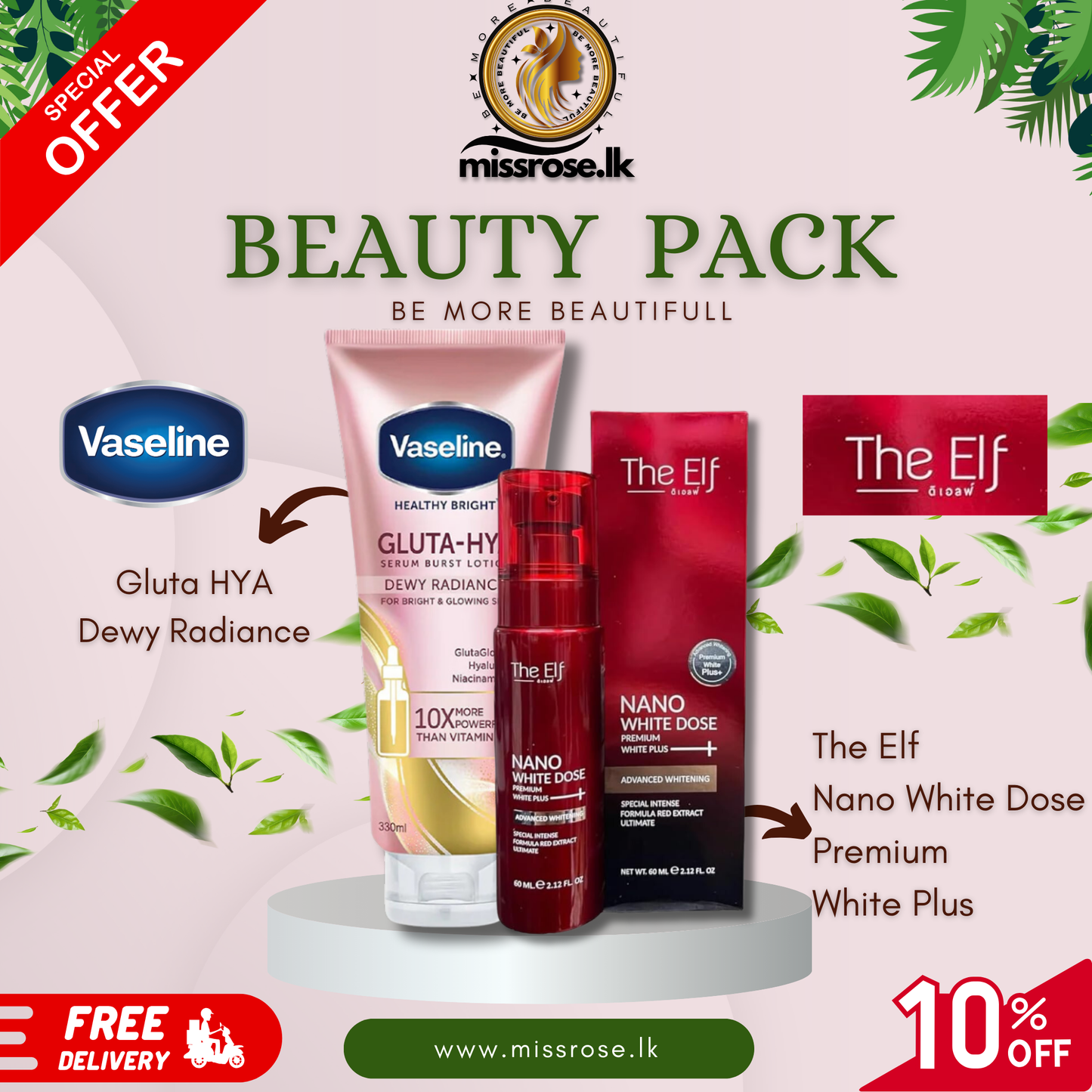 The Elf Nano White Dose – Premium White Plus + Vaseline Gluta-Hya Serum Burst Lotion – Smooth Radiance pack