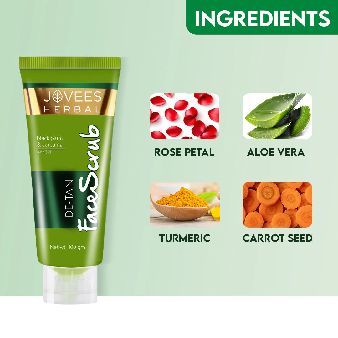 Jovees Detan Face Scrub With SPF | Black Plum, Walnut & Turmeric | All Skin Types