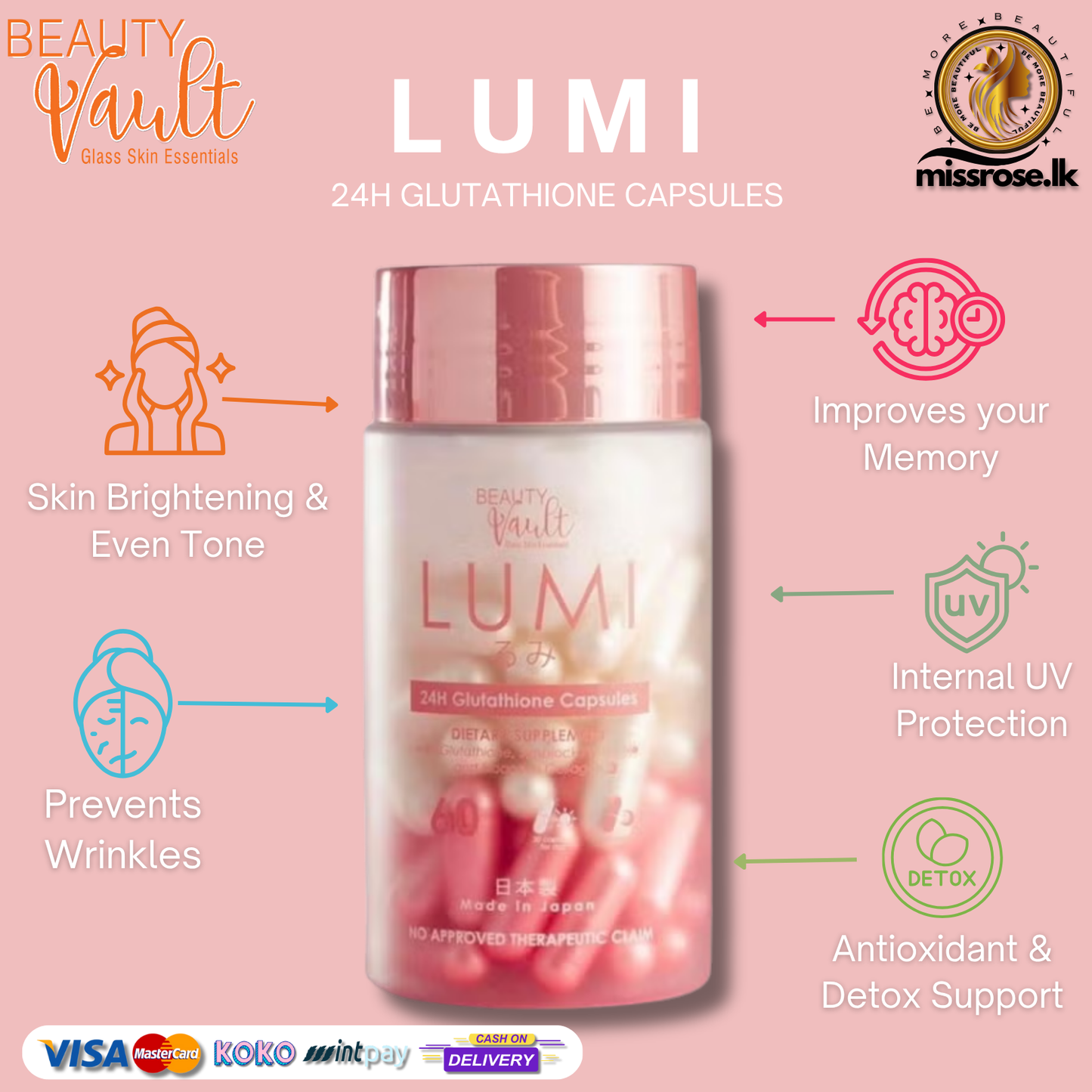 Beauty Vault LUMI 24H Glutathione Capsules, 60 Count