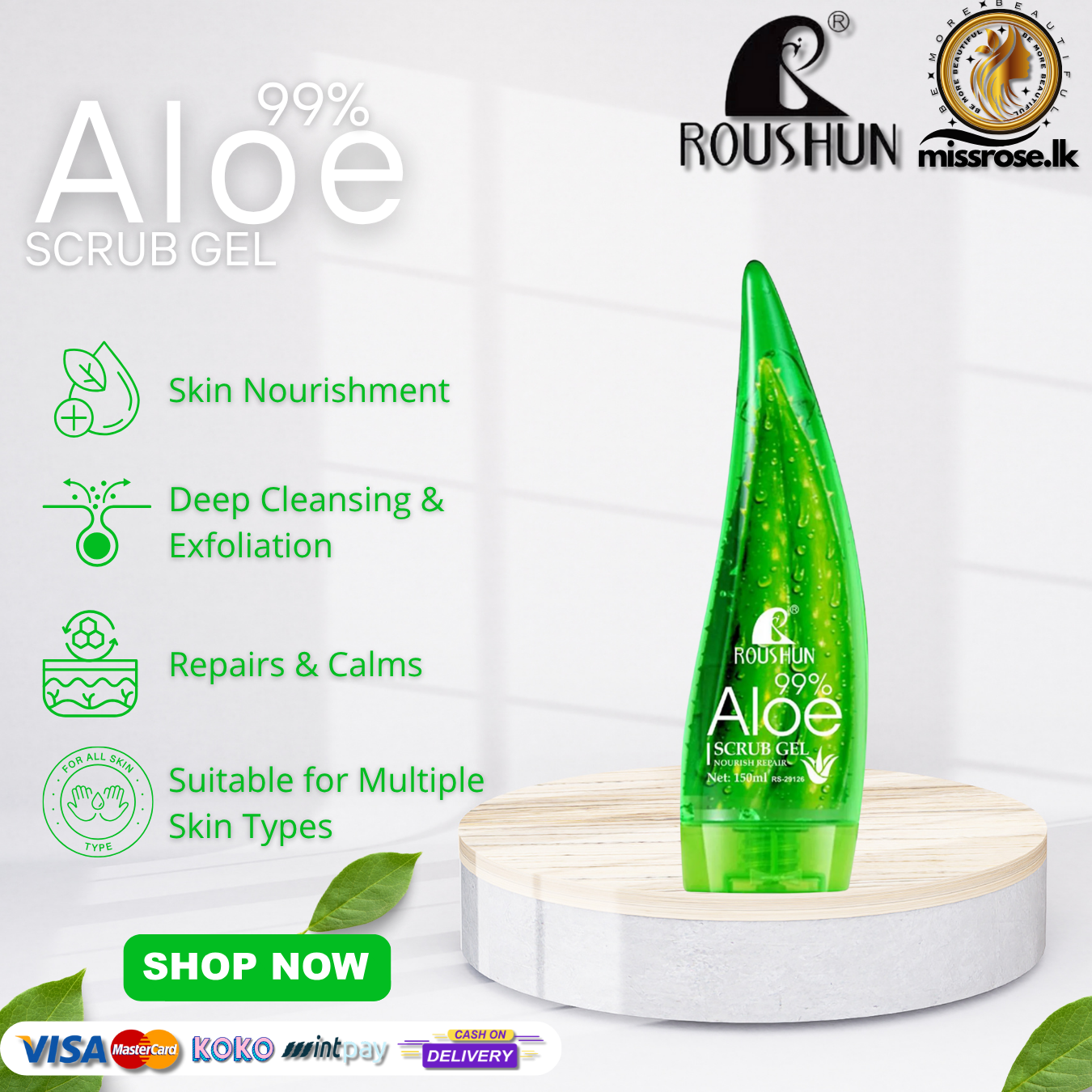 Roushun 99% Aloe Vera SCRUB Gel Nourish Repair 150 ML