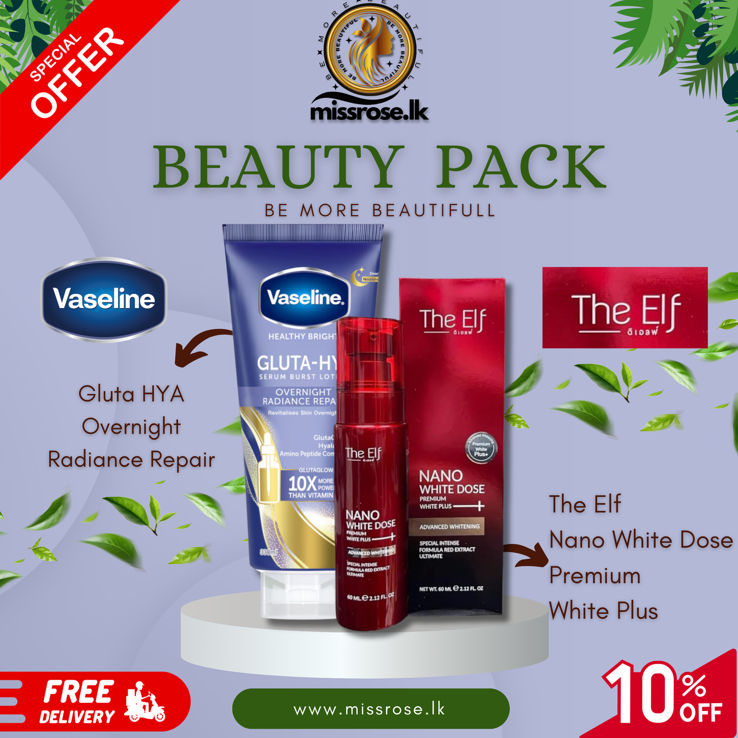 The Elf Nano White Dose – Premium White Plus + Vaseline Gluta-Hya Overnight Radiance Repair Lotion pack