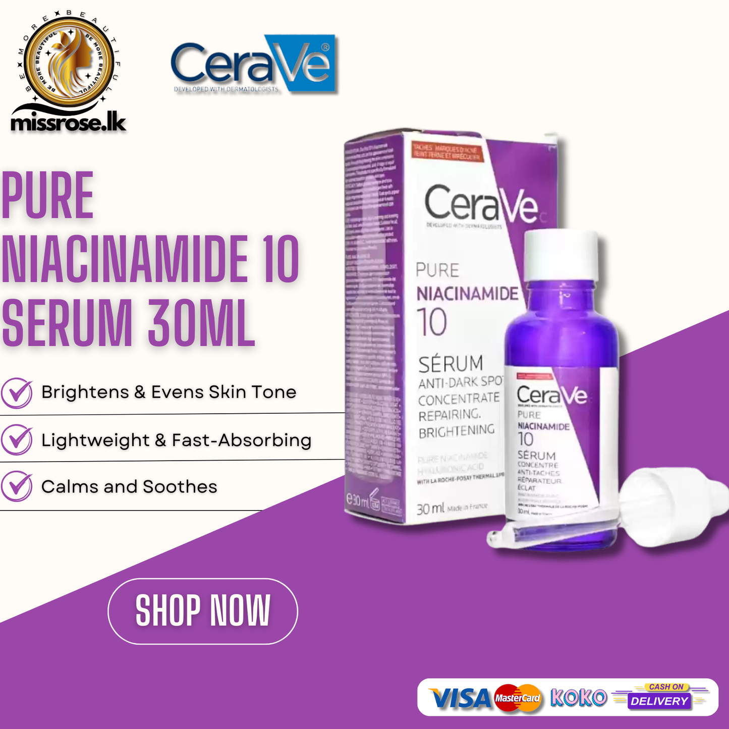 Cerave Pure Niacinamide 10 Serum 30ml | Clear and Even Skin Tone | USA