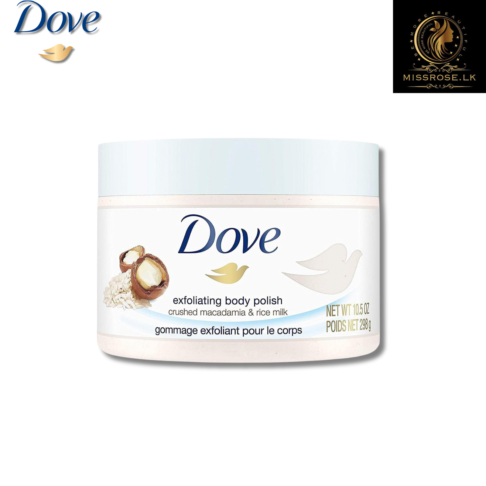Dove Exfoliating Body Polish and Scrub with Macadamia and Rice Milk - Missrose.lk